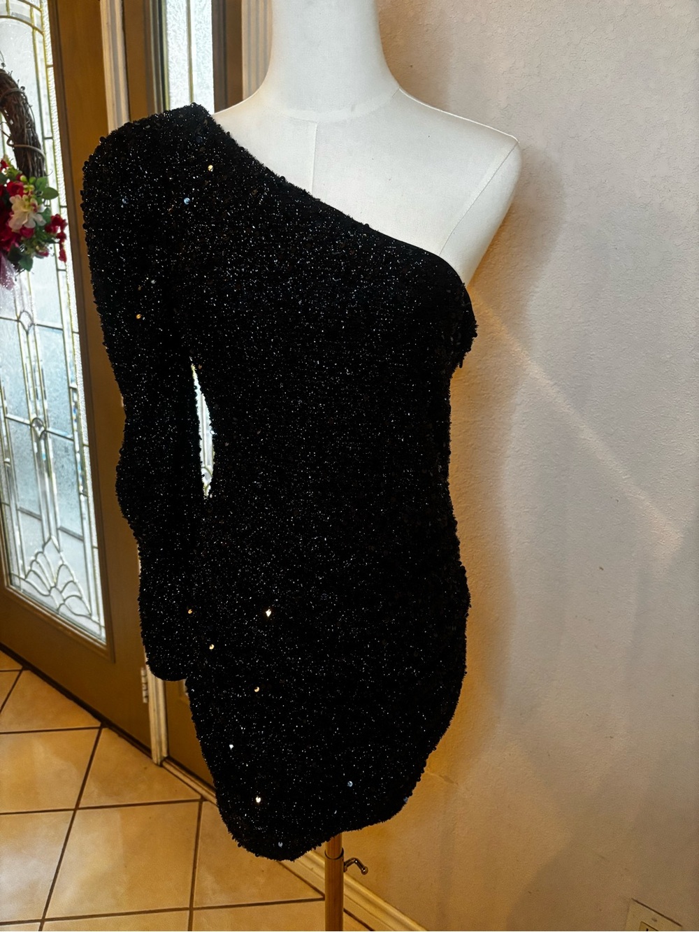 Fashion Nova Black One-Shoulder Sequin Mini Dress